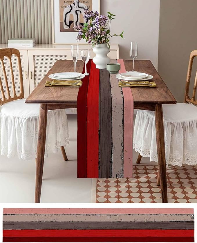 Farmhouse Cotton Linen Table Runner Dresser Scarf Retro Rustic Barn Wood Texture Ombre Christmas Red Brown Non-Slip Rectangle Settings Decoration for Kitchen Home Dining Holiday, 18x72 inch