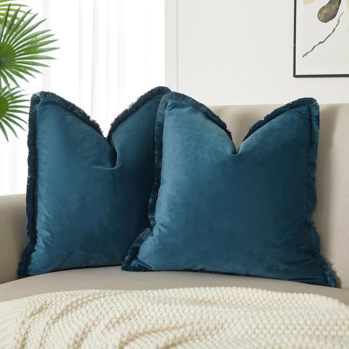 JUSPURBET Pack of 2 Prussian Decorative Fringe Velvet Throw Pillow Covers 16x16 for Home Decor Living Room Bedroom Car Boho Soft Cushion Cover with Hidden Zipper Machine Washable