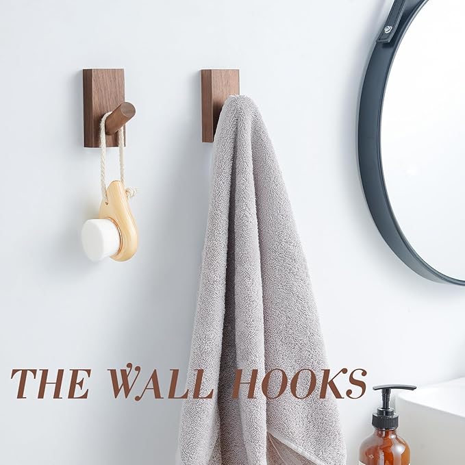 Natural Wooden Wall Hooks, Adhesive & Screw Mount Coat and Towel Hooks - Decorative Key Holder, Hat Rack, Stocking Wall Hangers for Bathroom Entryway Closet - 6 Pack, Walnut Wood