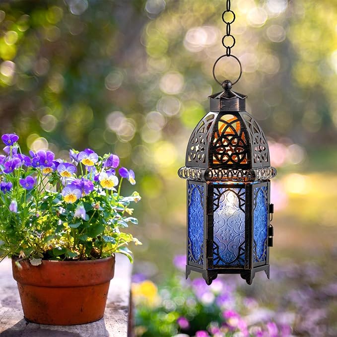 DECORKEY Vintage Candle Lantern, 12.8’’ Moroccan Style Decorative Metal Hanging&Tabletop Lantern, Ramadan Christmas Candle Holder Decorations for Home Outdoor Patio (Blue)