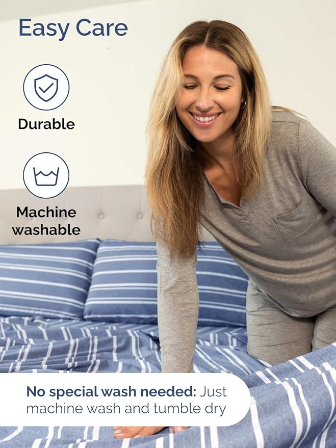 Extra Deep Split King Sheet Set - 7 Piece Breathable & Cooling Sheets - Hotel Luxury Bed Sheets Set - Easy Fit - Soft, Wrinkle Free & Comfy Sheets Set - Blue Striped Sheet Set w/Extra Deep Pockets