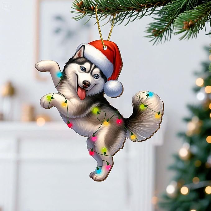 2-Sided Printed Funny Husky Wooden Christmas Ornaments, Keepsake for Women, Men and Friends, Husky Dog Christmas Tree Hanging Decorations