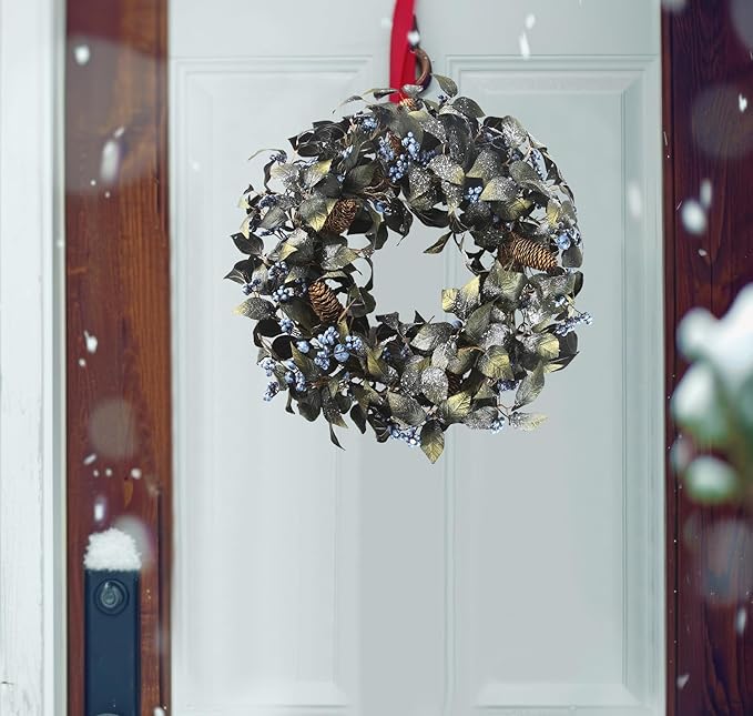 24 Inch Snow Flocked Metallic Look Winter Wreath with Blue Berry & Pinecone- Artificial Christmas Wreaths for Front Door Porch Wall Window Porch Fireplace Outdoor Décor