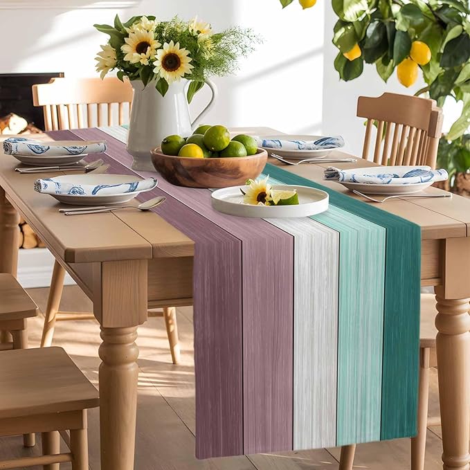 Aqua Green Purple Summer Table Runner, Nautical Coastal Beach Farmhouse Cotton Linen Holiday Table Decor for Home,Kitchen,Dining Room,Indoor,Outdoor,18X72 Inches Long, Retro Rustic Barn Wood Texture