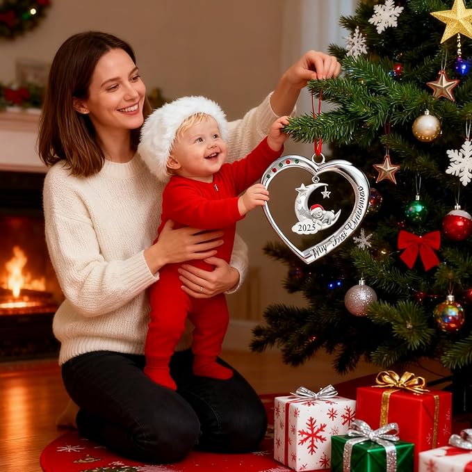 Baby's First Christmas Ornament 2025 My 1st Christmas Decorations 2025 Newborn Keepsake Gifts for Girl Boy Silver Heart with Hanging Bear Moon Star