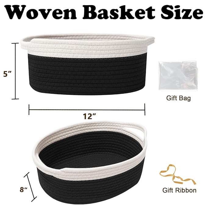 Small Woven Rope Basket-Empty Gifts Basket with Bag and Ribbons,Cute Handle Organizer Box for Birthday/Baby Shower, Toy Storage, Nursery Organizing & Shelf Decor(White&Black)