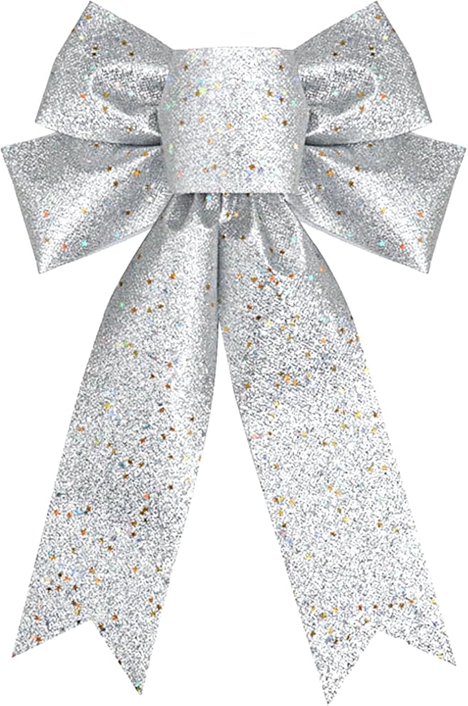 QDTK Christmas Tree Topper Bow Silver Glitter Christmas Bows Sparkly Stars Wreath Bow 13’’x9’’ Ribbon Bow for Wreaths Home Front Door Outdoor Xmas New Years Party Decorations