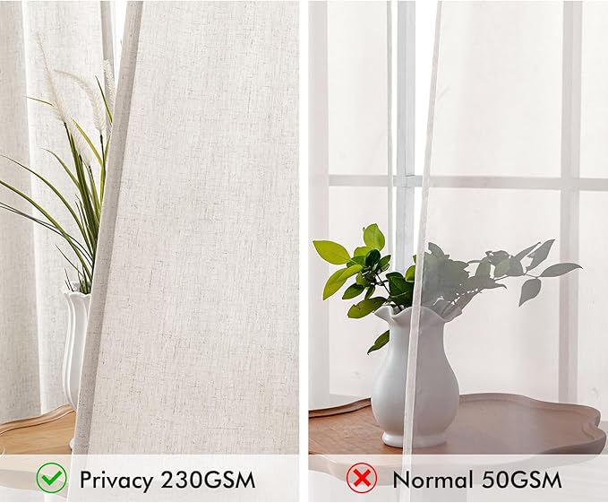 MIULEE Non-See-Through Privacy Linen Curtains 2 Panels, Light Filtering Window Curtains Farnhouse Textured Back Tab Semi Sheer Drapes for Bedroom Living Room, 52 x 63 Inches Long, White
