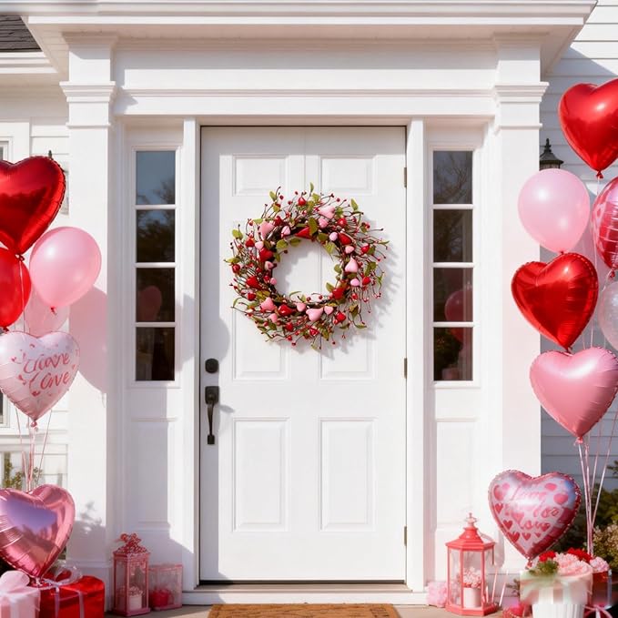idyllic 22 Inch Valentine Green Leaf Heart-Shaped Berry Wreath, Pink Red Heart Berry Decor for Front Door Mantel Table Window Wall Wedding Porch Indoor Dinner Gift
