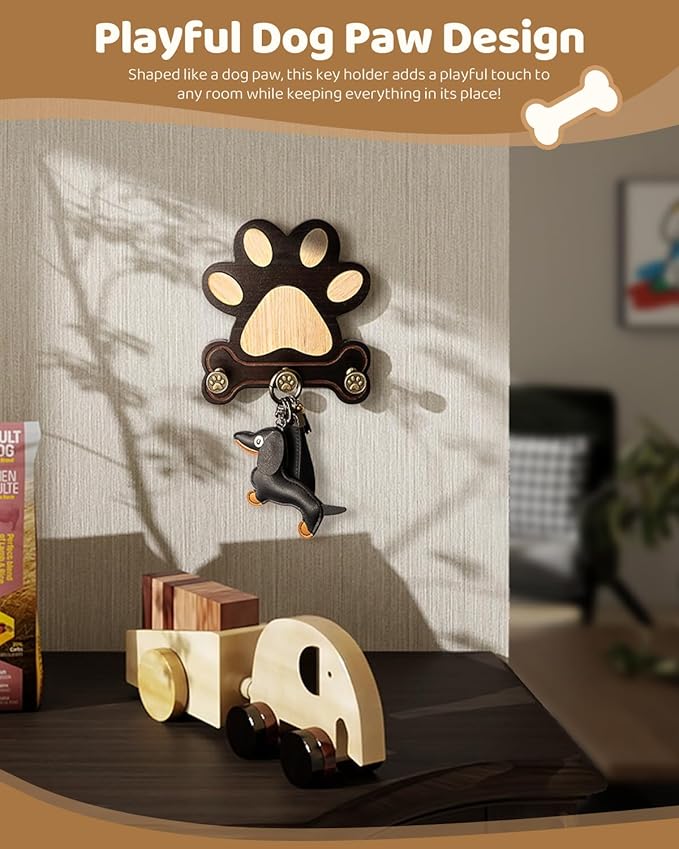 MTERSE Pine Wood Dog Leash Holder for Wall – Adorable Dog Leash Hanger, Key Holder, Coat Rack, and Sunglass Organizer – Rustic Farmhouse Wall Decor for Entryway, Bedroom, or Living Room (Dark Brown)