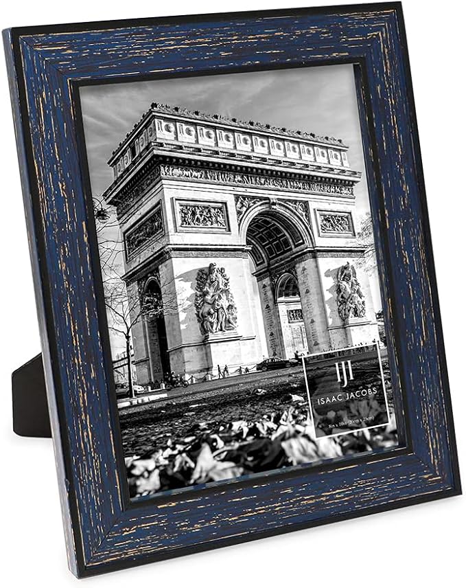 Isaac Jacobs 8x10 Navy w/Gold (Vertical & Horizontal) Double Border Picture Frame w/Black Fabric Easel, Wall-Mountable, Made for Tabletop & Gallery, Home or Office (8x10, Navy W/Gold)