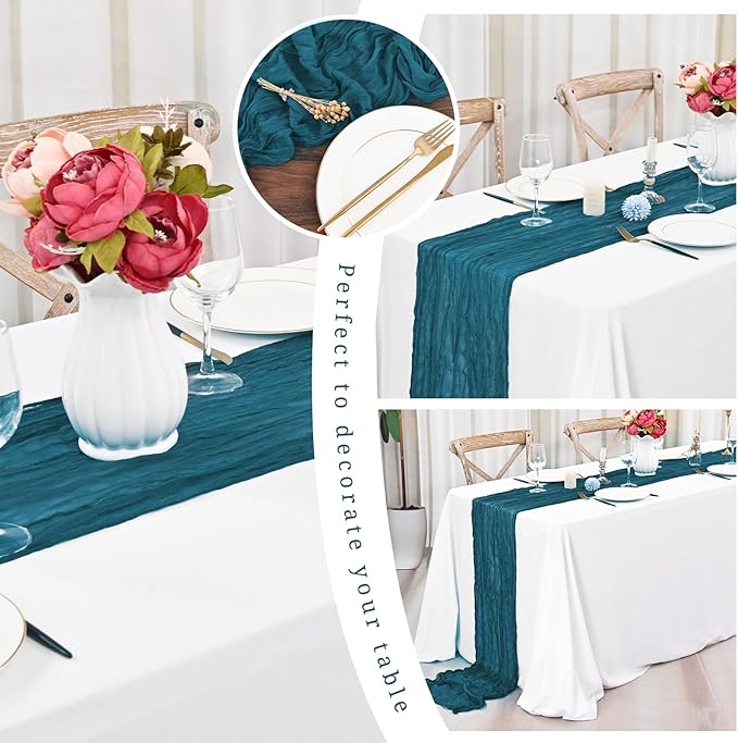 12 Pack Teal Table Runner,Cheesecloth Table Runner,Romantic Sheer Table Runner,10FT Gauze Boho Table Runner,Rustic Cheese Cloth Table Runner for Wedding Party Bridal Shower Table