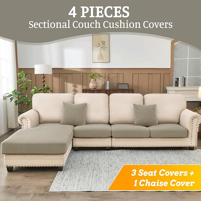 Sectional Couch Covers for Sofa Cushion L Shaped Couch Cover Washable Soft Couch Cushion Covers Stretch Sofa Slipcovers with 2 Pcs Pillowcases(4-Piece 3 Seater + 1 Chaise, Taupe)