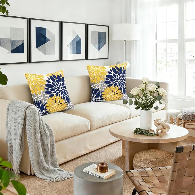 Decorative Throw Pillow Covers Set of 2 Blue Yellow Pillow Covers 18x18 Inch Couch Pillow Covers for Sofa Living Room Outdoor Throw Pillow Cover Linen Floral Flower Farmhouse Pillowcase