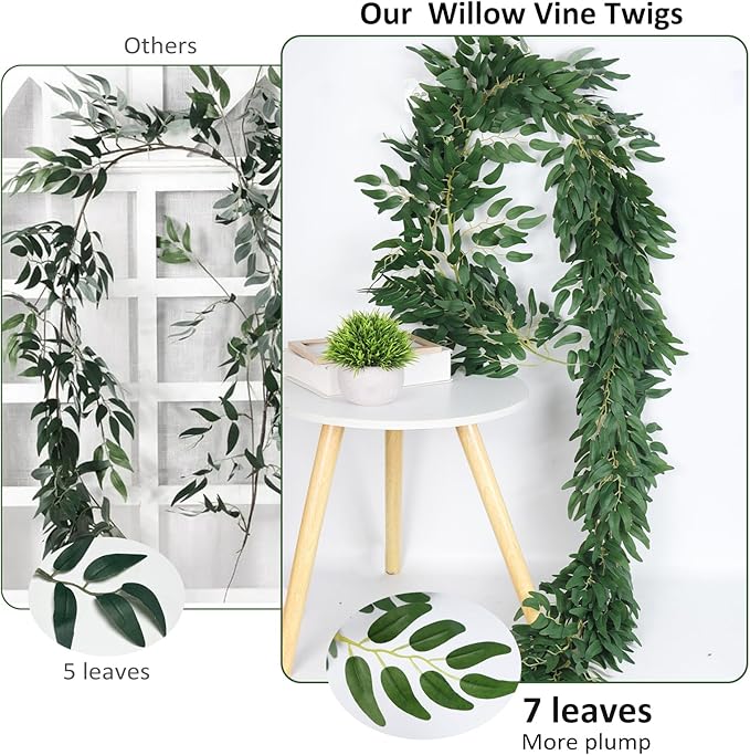RECUTMS Artificial Willow Leaves Vine Twigs 2Pcs 6Ft Fake Hanging Plant Silk Willows Leaf Ivy Garland Faux Italian Ruscus Greenery Indoor Outdoor Wedding Arch Jungle Beach Birthday Party Garden Decor