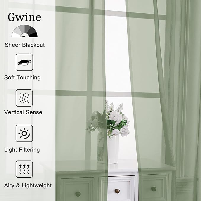 Gwine Sage Green Sheer Curtains 72 Inches Long 2 Panels Set for Front Door, Light Filtering Sheer Curtains for Living Room, Lightweight Rod Pocket Window Treatments Drapes, Each 42" Wx72 L