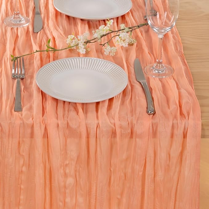 MLMC Peach Pink Cheesecloth Valentines Table Runner 10ft Sheer Gauze Coral Cheese Cloth Table Runner Spring Dinning Decoration 35x120 Inches for Easter Wedding Bridal Baby Shower Party Decor