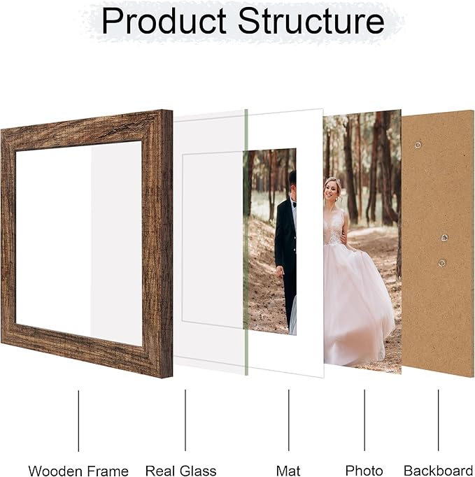 iRahmen 8x8 Picture Frame Set of 4 with HD Glass, Display 6x6 Pictures with Mat or 8 x 8 Without Mat, Rustic Wood Photo Frame for Wall Mount and Tabletop Display