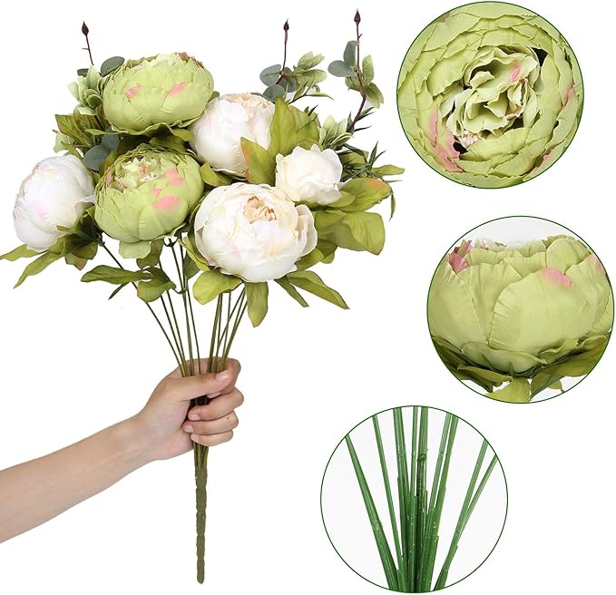 Flojery Silk Peony Bouquet Vintage Artificial Peonies Flower for Home Wedding Party Decor (1pcs, Green)