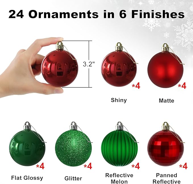 Red & Green 3.2" Large Christmas Balls - Christmas Tree Decoration Ornaments Shatterproof Hanging Balls for Birthday Halloween Holiday Wedding Decorations Set of 24pcs