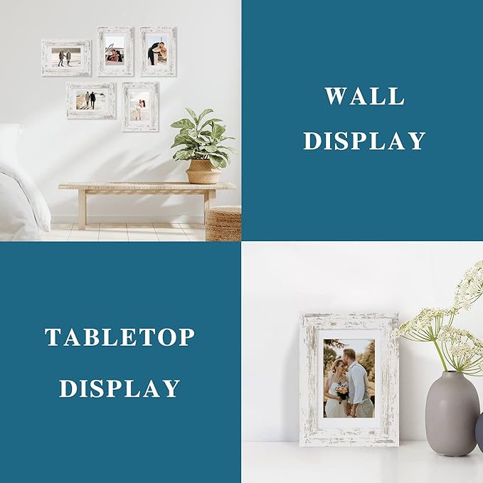 4x6 Picture Frame Set of 2, Made of Real Glass and Distressed White Wooden Frame - Display Pictures 3.5x5 with Mat or 4x6 Without Mat, 4 by 6 Photo Frame for Wall or Tabletop Display
