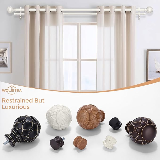 White Double Curtain Rod, 36 to 72 Inch Dual Curtain Rods with Boho Netted Texture Finials, Decorative 1 Inch Adjustable Window Treatment Rods, Antique Vintage Farmhouse Double Drapery Pole