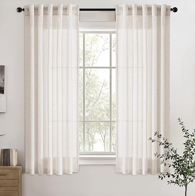 Natural Cream Linen Blend Back Tab Kitchen Curtains 45 Inch Length 2 Panel Set Semi Sheer Light Filtering Short Window Privacy Panels for Living Room Bathroom Cafe Modern Farmhosue Decor 37x45