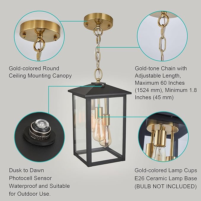 17IN Large Dusk to Dawn Outdoor Pendant Light 3-Light, Modern Black Metal Outside Chandelier Exterior Hanging Fixture Ceiling Mount with Clear Glass for Front Porch Entrance Entryway