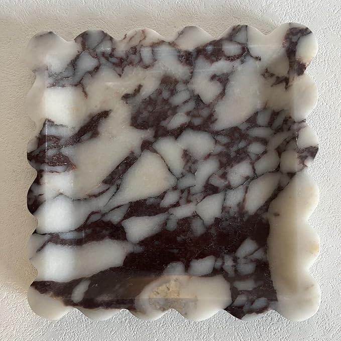Vintage Natural Marble Tray Small Ornaments Scalloped Tray Handmade Storage Dish for Counter, Vanity, Dresser, Nightstand and Desk (Calacatta Purple)