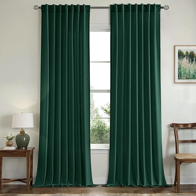 MIULEE Non-See-Through Privacy Linen Curtains 2 Panels, Christmas Emerald Green Light Filtering Window Curtains Textured Back Tab Semi Sheer Drapes for Bedroom Living Room, 52 x 90 Inches Long