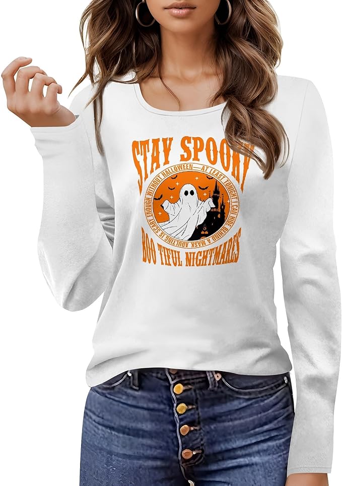 Halloween Sweatshirt Ghost Graphic U-Neck Sweatshirt Long Sleeve Breathable Plus Size Halloween Pullover Best Gift