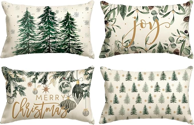 AVOIN colorlife Merry Christmas Trees Snowflake Throw Pillow Covers, 12 x 20 Inch Joy Xmas Balls Winter Holiday Cushion Case Decoration for Sofa Couch Set of 4