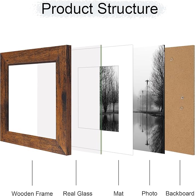iRahmen 6x6 Picture Frame Set of 4 with Real Glass, Rustic Frames Display 4x4 Picture with Mat or 6 x 6 Without Mat, Square Photo Frame for Wall Mount and Tabletop Display