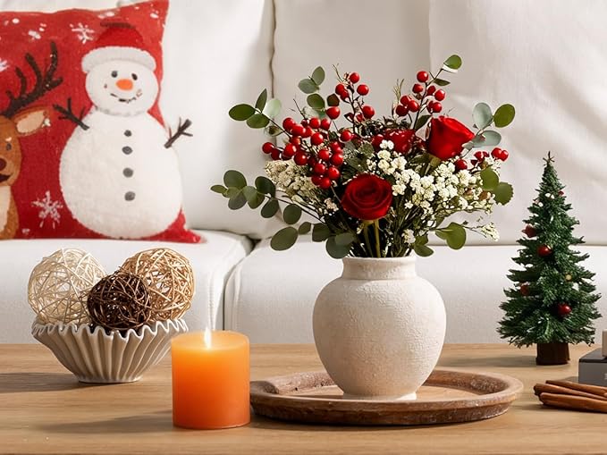 Ceramic Flower Vase, 6.7 Inch White Flower Vase Rustic Farmhouse Decorative Vase Floral Pottery Vases for Home Decor Table Living Room Entryway Mantel Bookshelf Bedroom Bathroom Kitchen - White