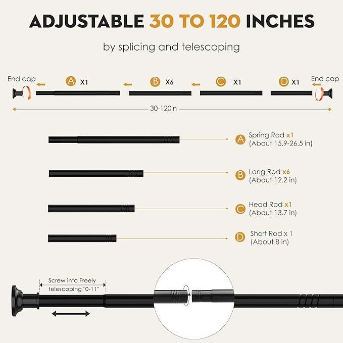 Black Long Curtain Rod Tension Shower Curtain Rods 30 to 120 inch Adjustable Spring Heavy Duty Rods for Bathroom Windows Outdoor No Drill No Slip Spliced and Telescopic Design