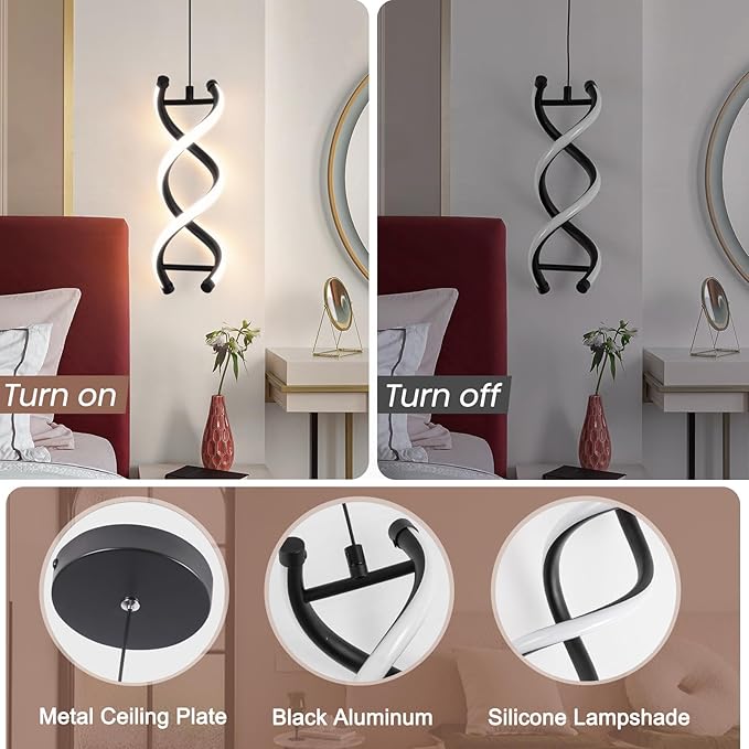 CANEOE Spiral Led Pendant Light Fixture,15W Dimmable Modern Integrated LED Pendant Lamp, Adjustable Height Kitchen Island Hanging Light Fixture for Living Room Bedroom Kitchen Sink, 1 Pack (Black)