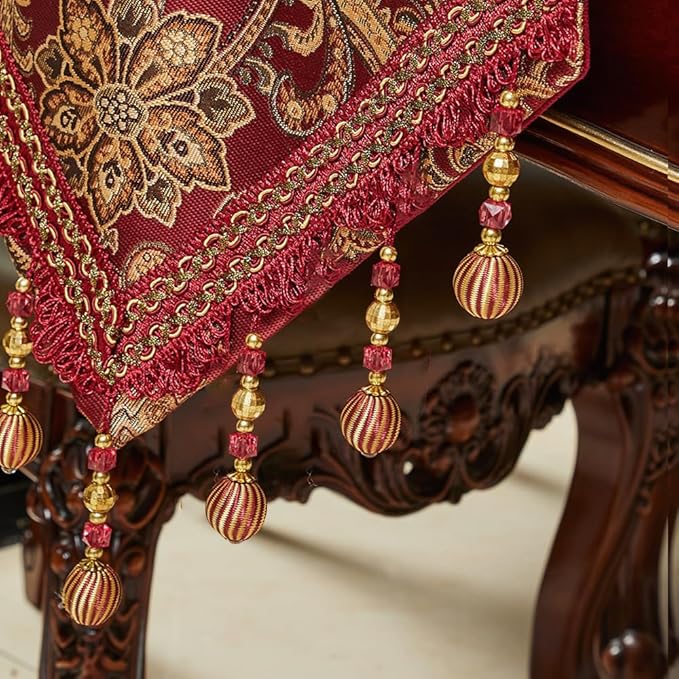 Luxury Vintage Table Runners 72 inches Long Embroidery Jacquard Fabric with Multi-Tassels Table Runners for Dining Room Dresser Wedding Christmas Thanksgiving Party Decorations (Red, 12X72inch)
