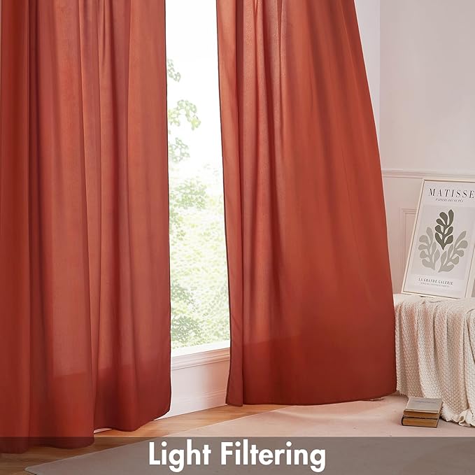 EMEMA Fall Terracotta Orange Non-See-Through Privacy Sheer Curtains 84 Inches Long 2 Panels Set, Light Filtering Semi Sheer Curtains for Bedroom Living Room, Window Drapes That Let Light in 52x84 Inch