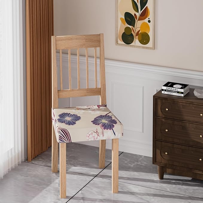 Stretch Dining Chair Seat Covers Set of 2,Dining Chair Slipcovers, Floral Printed Chair Covers,Soft Fabric Washable Upholstered Chair Seat Protector, No Rear Covers for Home Kitchen Dining Room