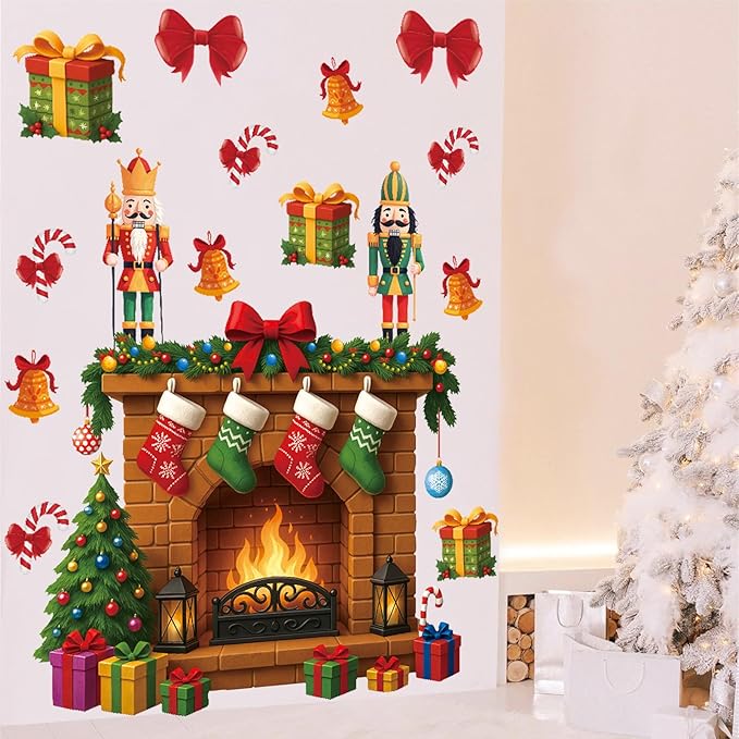 Large 3D Christmas Wall Decals,Christmas Fireplay Wall Sticker Nutcracker,Xmas Fireplace Wall Decoration,Fireplace Backdrop Decor,Winter Xmas Gift Nutcracker Decals for Home Living Room