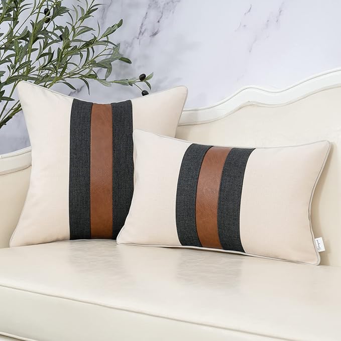 Yangest Patchwork Pillow Cover 12x20 Inch Luxury Cotton and Linen Cushion Cover Faux Leather Pillowcover for Couch Bedroom Living Room, White