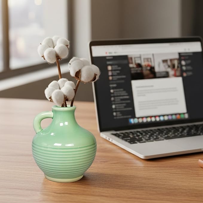 Sunddo Green Ceramic Vase 6 Inch - Small Modern Decorative Vase with 1 Handle for Home Decor, Boho Decor, Room, Bathroom, Living Room, Kitchen, Office