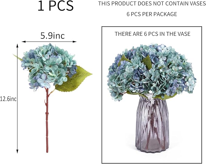 Kimura's Cabin 6pcs Fake Blue Flowers Artificial Silk Hydrangea Flowers Bouquets Faux Hydrangea with Stems for Farmhouse Home Table Centerpieces Wedding Party Decoration(Blue, Pack of 6)