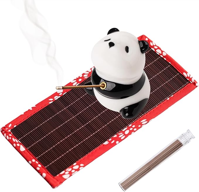 Handmade Ceramic Panda Incense Holder | Extra-Long Bamboo Mat & Sandalwood Sticks | Zen Home Decor | Yoga & Meditation Essentials (Panda)