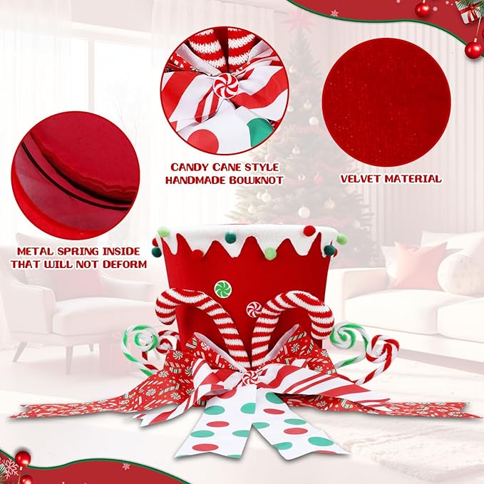 Jenaai Christmas Tree Topper Hat Candy Canes Tree Topper with Striped Bow Ribbon and Lollipop Christmas Decorations Desktop Ornaments Xmas Festive Gift for Home Xmas Holiday Winter Decor(Red)