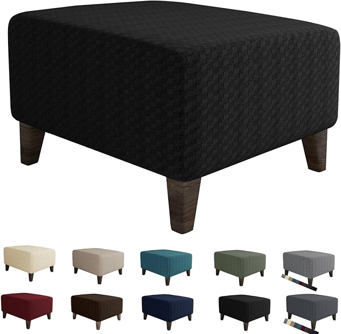 MAXIJIN Jacquard Ottoman Cover Slipcovers Folding Storage Stool Furniture Protector Cover Soft Thick Rectangle Foot Rest Slipcover with Elastic Bottom (Ottoman Large, Black)