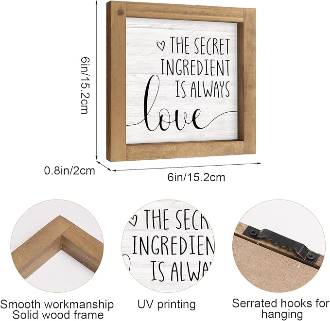 6 Inch Kitchen Sign Decor, Rustic Wooden The Secret Ingredient Is Love Sign, Kitchen Decor for Counter Table Shelf Desk Farmhouse Indoor