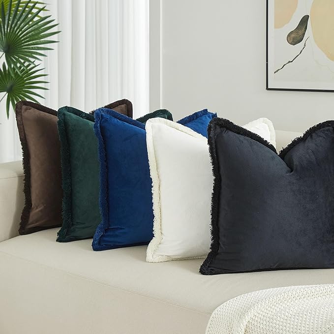 JUSPURBET Champagne Decorative Velvet Fringe Throw Pillow Covers 24x24 Set of 2 Boho Soft Cushion Case for Home Decor Living Room Couch Sofa Bed
