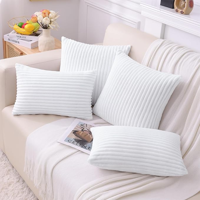 Simmore Decorative Christmas Throw Pillow Covers 24x24 Set of 2, Soft Natural Plush Flannel Double-Sided Fluffy Couch Pillow Covers for Sofa Living Room, White