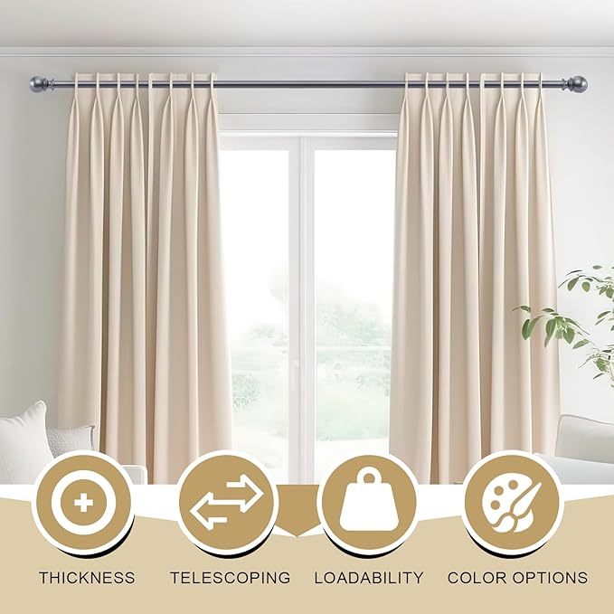 Curtain Rods for windows,1" Diameter Curtain Rod, 32-48" Standard Decorative Window Curtain Rod Set with Brackets for bathroom Kitchen Bedroom Window, Grey